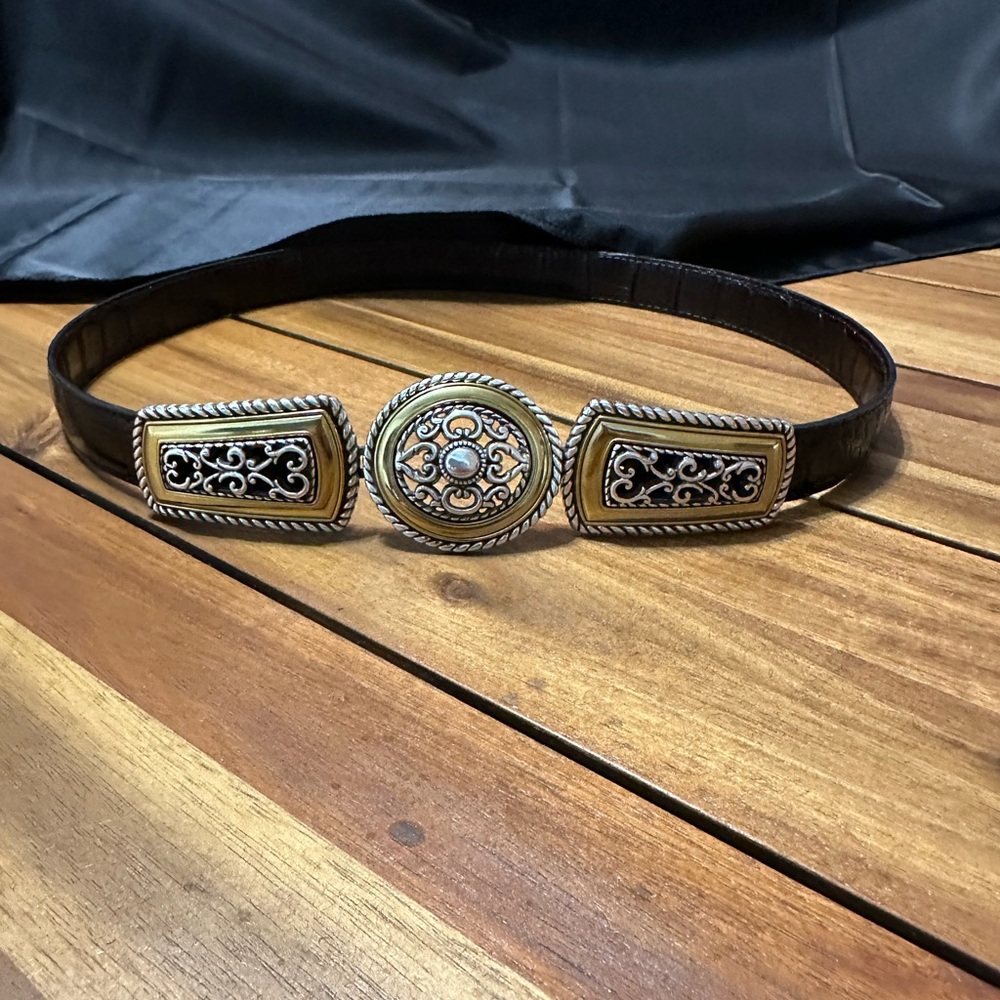 Brighton Dark Brown Croc Embossed Leather with Gold Ornate Concho Buckle Belt